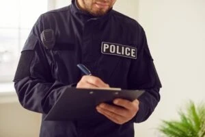 A police officer writing notes on a piece of paper while an alleged perpetrator is under investigation