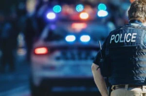 A policeman stands near a law enforcement vehicle at the scene of a felony murder case.