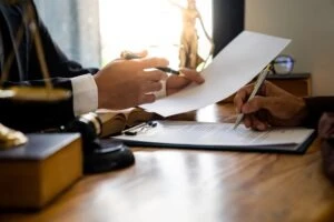 Lawyer sits at desk with client and explains what happens when an arrest warrant is issued in California