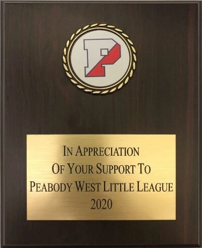 Wooden plaque with the Peabody West Little League logo and text expressing appreciation for support in 2020.