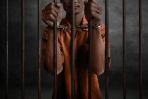 A handcuffed prisoner holding prison bars.