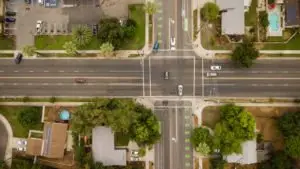 An aerial view of an intersection.