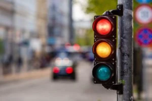 A traffic signal on red.