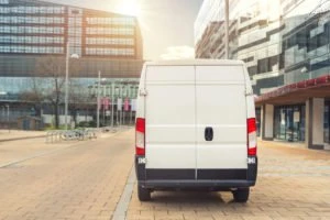 back of a white delivery van in town