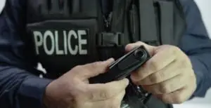 A police officer holding a body camera.