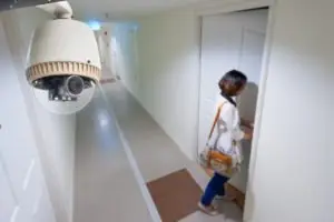 security camera monitors apartment hallway