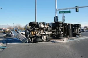 Truck on its side after an accident.