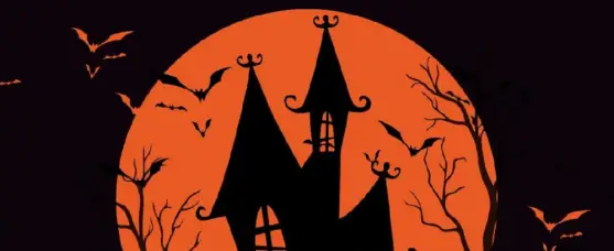 An orange and black cartoon halloween house
