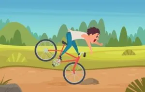 vector of boy hitting a rock in the road