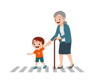 vector of little boy leading old lady across the street