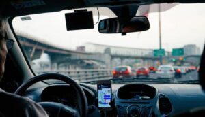 The dashboard of a ride share car like Uber or Lyft in traffic