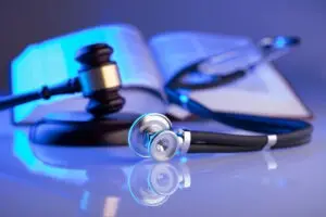 Medical Law Concept Gavel Stethoscope Blue Light Place For Text