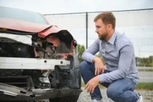 man surveying Uber crash damage