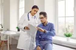 patient going over record with doctor