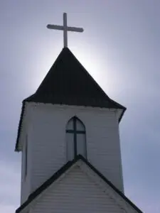 exterior of a church in shadow