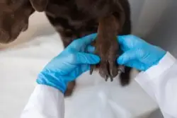 Gloved hands holding dog paw