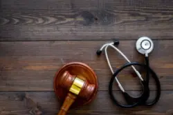 Gavel and stethescope on wood