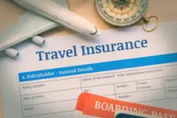 Travel,insurance,application,form,on,a,wood,table,with,a